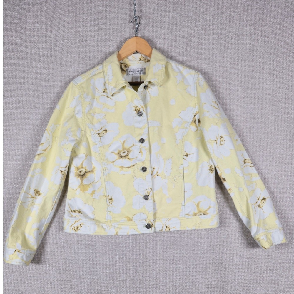 Jones Wear Sport Yellow Floral Denim Trucker‎ Jacket Womens Sz Large Cotton